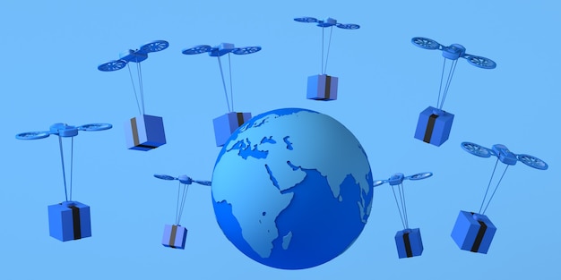 Concept de livraison de drones dans le monde. Logistique. Espace de copie. illustration 3D.