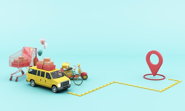 Concept de livraison express Livraison par scooter jaune moto et fourgon jaune avec application mobile de localisation Concept de commerce électronique avec panier d'achat sur fond bleu rendu 3D