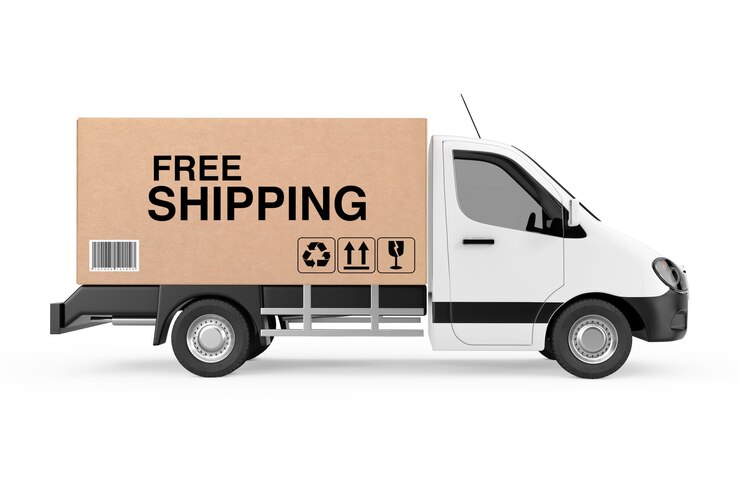 Photo concept de livraison gratuite. camion fourgon de livraison de fret industriel commercial blanc chargé avec une boîte en carton avec signe de livraison gratuite sur fond blanc. rendu 3d