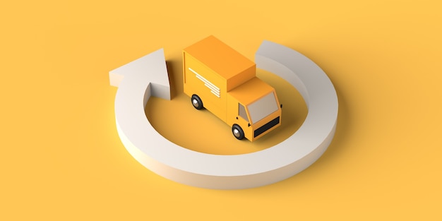 Concept de livraison et de logistique avec flèche circulaire et camion. Espace de copie. illustration 3D.