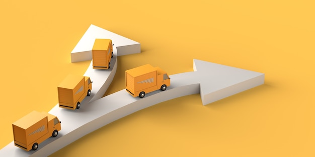 Concept de livraison et de logistique avec des flèches et des camions. Espace de copie. illustration 3D.