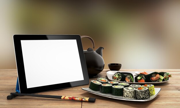 Concept de livraison de nourriture japonaise en ligne avec des rouleaux de sushi sur une tablette électronique et des baguettes illustration 3d