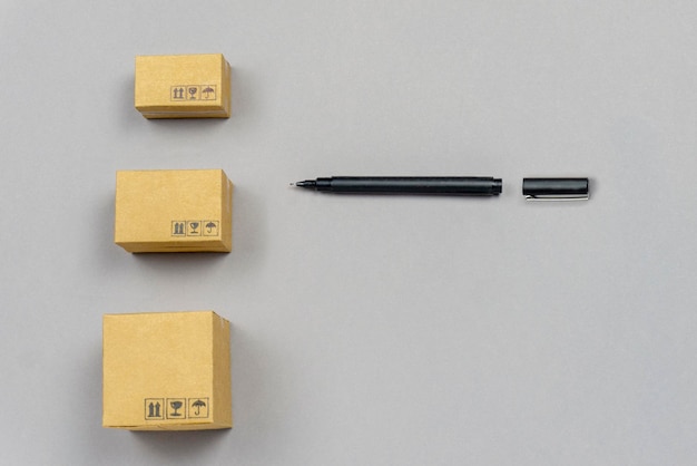 Concept de livraison petites boîtes et stylo sur fond neutre
