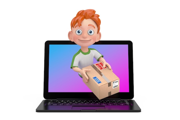 Concept de livraison rapide dessin animé petit garçon adolescent personnage mascotte livrer colis à travers l'écran d'ordinateur portable rendu 3d