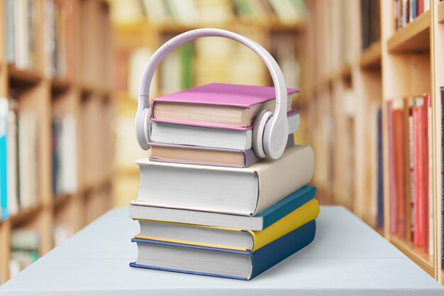 Concept de livre audio, livres et écouteurs sur fond