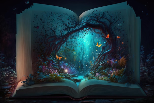 Concept de livre mystique. un arbre sort d'un livre, fantasy land art numérique