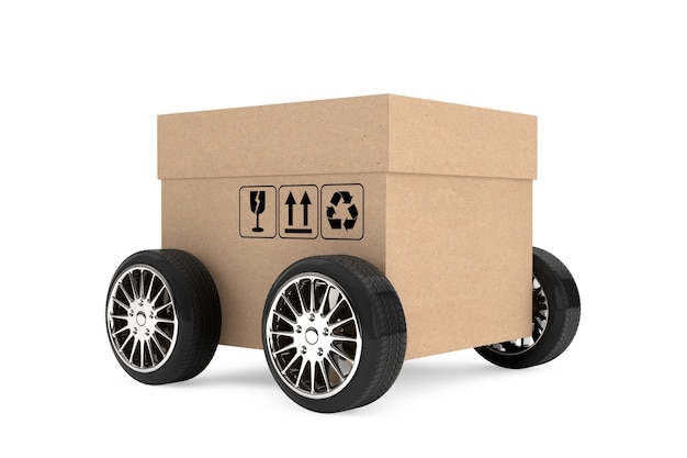 Concept de logistique, d'expédition et de livraison. Boîte en carton avec roues sur fond blanc