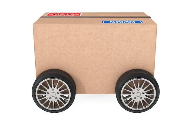 Concept de logistique, d'expédition et de livraison. Boîte à colis en carton avec roues sur fond blanc. Rendu 3D