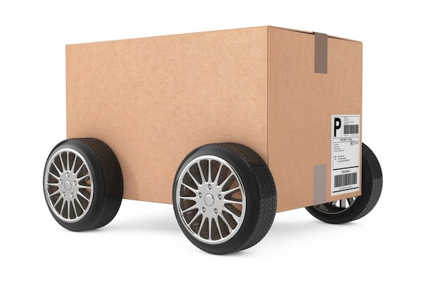 Concept de logistique, d'expédition et de livraison. Boîte à colis en carton avec roues sur fond blanc. Rendu 3D