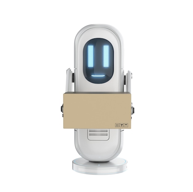 Concept logistique intelligent avec robot assistant de livraison envoyer une boîte à colis