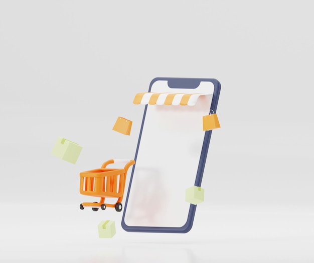 Concept de magasin d'achat en ligne sur téléphone mobile en rendu 3D