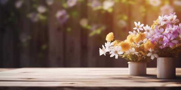 concept de magasin de fleurs gros plan beau joli bouquet de fleurs mélangées sur table en bois IA générative