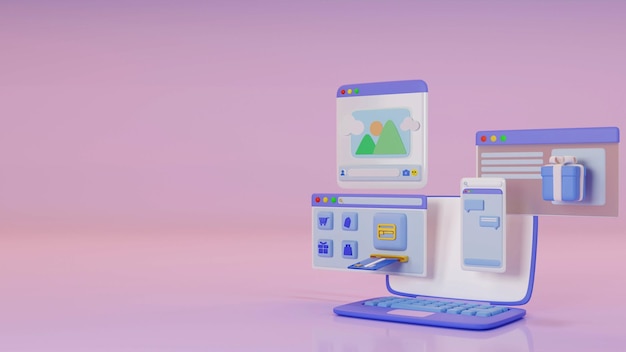 Concept de magasin de site Web d'achat en ligne bureau d'illustrations de rendu 3d pour le concepteur ui ux créer un design