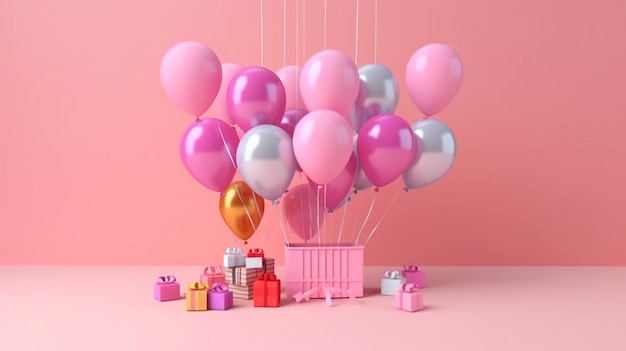 Concept de magasinage en ligne ballons et coffrets cadeaux avec fond pastel rose AI générative