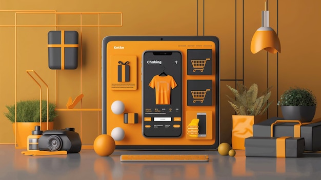 Concept de magasinage en ligne moderne avec des appareils sur fond orange