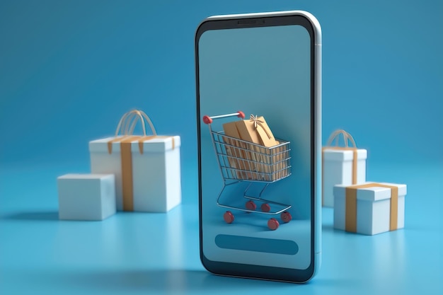 Concept de magasinage en ligne sur smartphone sur fond bleu AI Generation