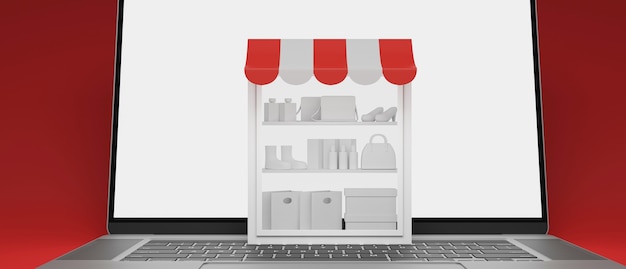 Concept de magasinage en ligne stock étagères sur ordinateur portable avec écran de maquette sur fond rouge rendu 3D