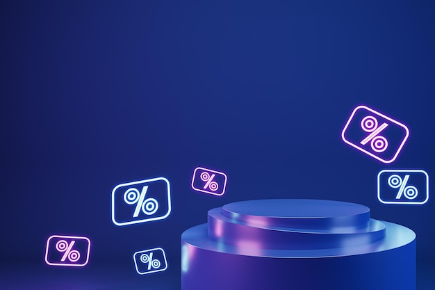 Concept de magasinage et de vente mobile avec support bleu vif vierge pour la présentation de votre produit entouré de symboles de pourcentage numériques sur fond sombre abstrait rendu 3D maquette