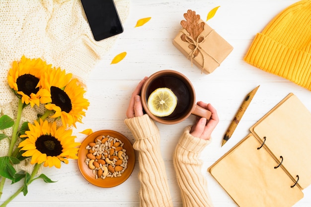 Concept de maison confortable automne plat posé avec des mains féminines tenant une tasse de thé