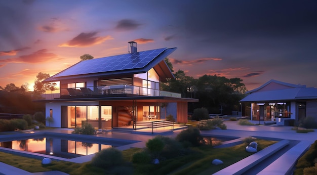 Concept de maison intelligente avec des panneaux solaires Rendering 3D d'une maison moderne et confortable avec une piscine