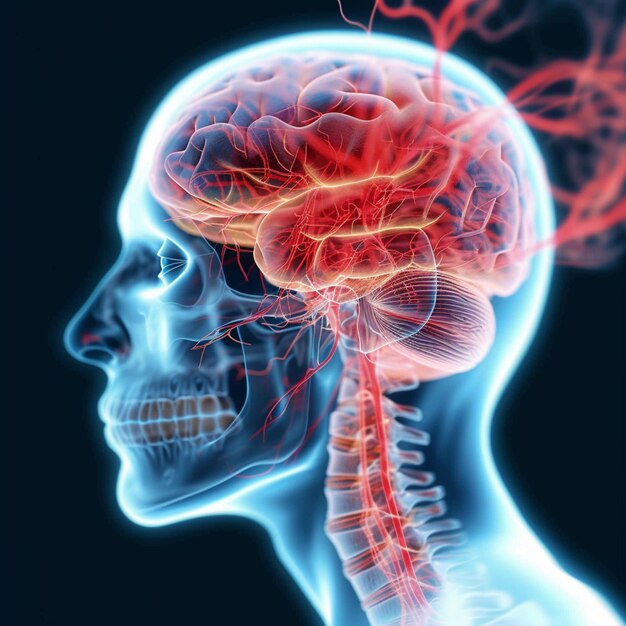 Concept de mal de tête Image à rayons X d'une tête à cerveau bleu et rouge Pour les médias sociaux