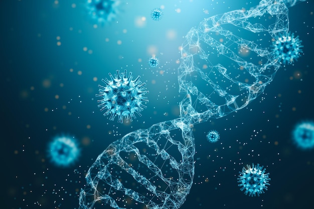 Concept de maladie humaine et de biotechnologie avec rendu 3D de la molécule d'ADN infectée par le virus