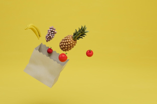 Le concept de manger des fruits sains qui sortent du sac à provisions sur fond jaune