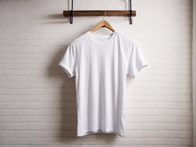 Concept de maquette de chemise de t-shirts blancs avec espace de copie de vêtements unis sur fond de mur blanc