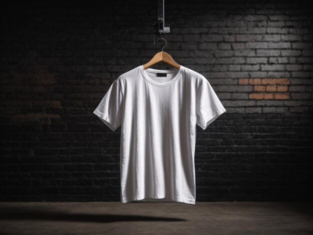 Concept de maquette de chemise de t-shirts blancs avec espace de copie de vêtements unis sur fond de mur sombre