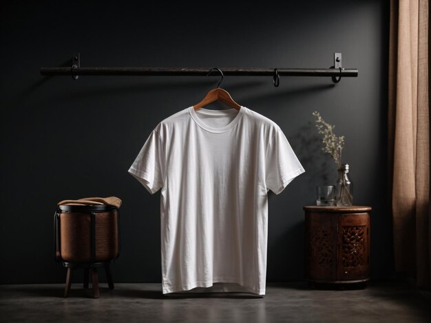 Concept de maquette de chemise de t-shirts blancs avec espace de copie de vêtements unis sur fond de mur sombre