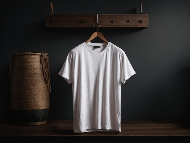 Concept de maquette de chemise de t-shirts blancs avec espace de copie de vêtements unis sur fond de mur sombre