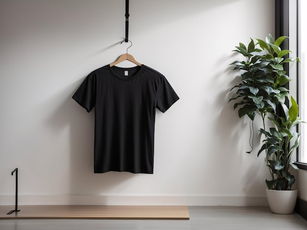 Concept de maquette de chemise de t-shirts noirs avec espace de copie de vêtements unis sur fond de mur blanc