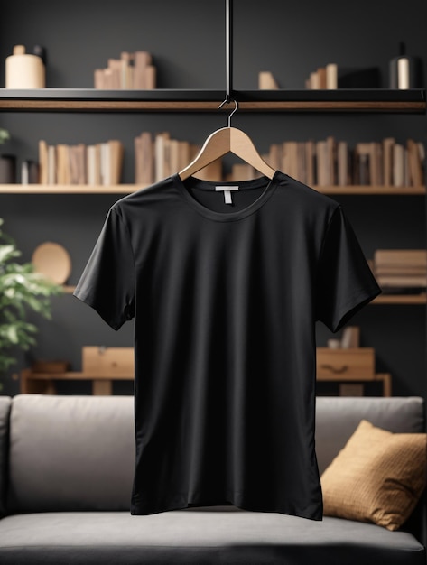 Concept de maquette de chemise de t-shirts noirs avec espace de copie de vêtements unis sur fond de mur blanc