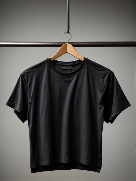 Concept de maquette de chemise de t-shirts noirs avec espace de copie de vêtements unis sur fond de mur blanc