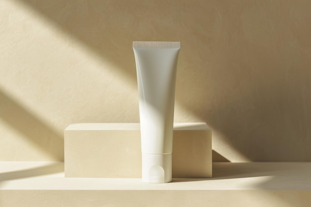 Concept de maquette d'un tube de crème blanc debout sur le chapeau sur un fond beige IA générative