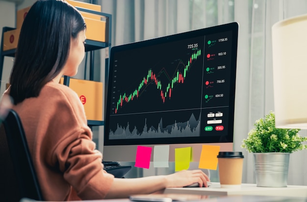 Concept de marché boursier, commerçant de gens d'affaires regardant un ordinateur avec une ligne de bougie d'analyse de graphiques sur une table au bureau, des diagrammes à l'écran.