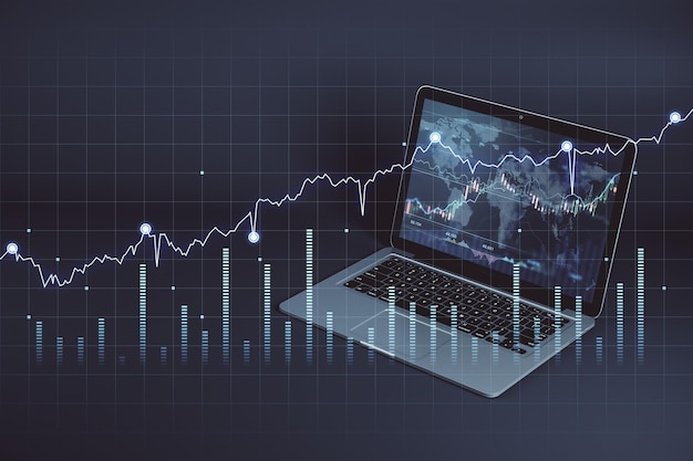 Concept de marché forex mondial avec indicateurs de graphique financier sur écran transparent virtuel sur fond d'ordinateur portable avec carte du monde sur moniteur rendu 3D double exposition