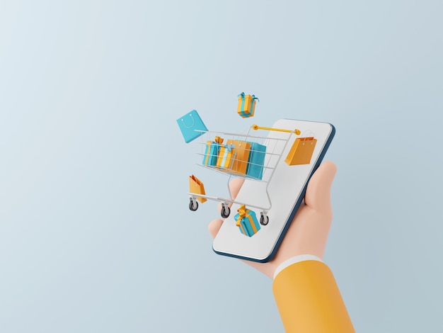 Concept de marketing numérique Homme d'affaires tenant un smartphone avec un panier sortant Shopping en ligne sur une application mobile illustration 3d