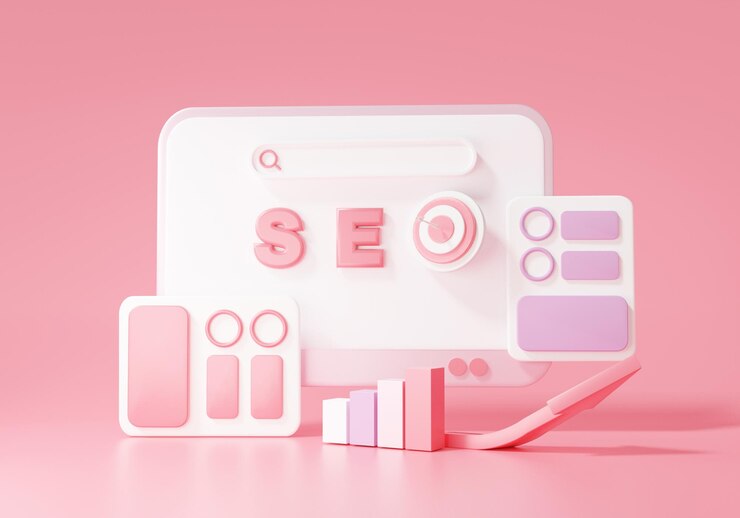 Concept de marketing SEO ou Search Engine Optimization. analyse web de croissance cliquez sur l'ordinateur d'informations de recherche sur l'illustration d'arrière-plan pastel rose, rendu 3d
