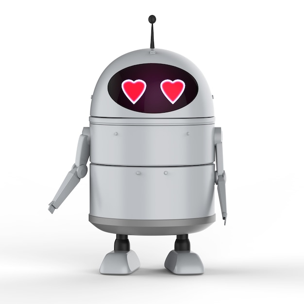 Concept de matchmaker d'automatisation avec un robot android de rendu 3d ou un robot d'intelligence artificielle avec un personnage de dessin animé amoureux