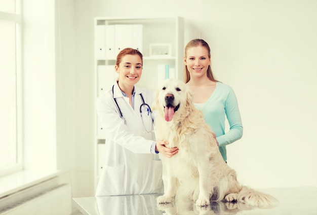 concept de médecine, d'animal de compagnie, d'animaux, de soins de santé et de personnes - femme heureuse avec chien golden retriever et médecin vétérinaire à la clinique vétérinaire