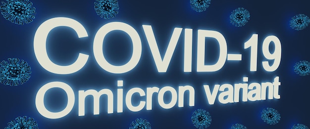 Concept de médecine du virus coronavirus covid 19 avec titre néon variante Omicron. rendu 3D