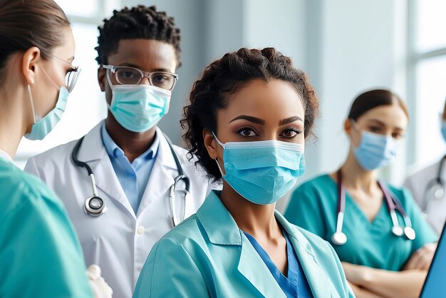 Photo concept de médecine et de pandémie en gros plan d'une femme médecin ou scientifique afro-américaine en masque de protection sur les travailleurs médicaux de l'hôpital en arrière-plan