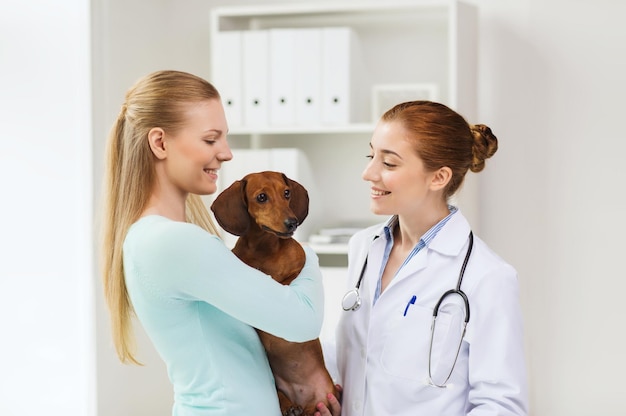 concept de médecine, de soins aux animaux de compagnie et de personnes - femme heureuse avec chien teckel et médecin vétérinaire à la clinique vétérinaire