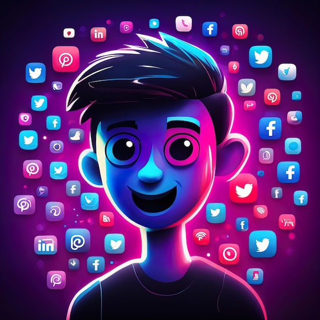 concept de médias sociaux de réseau socialpersonnage de dessin animé d'un homme avec un smartphone