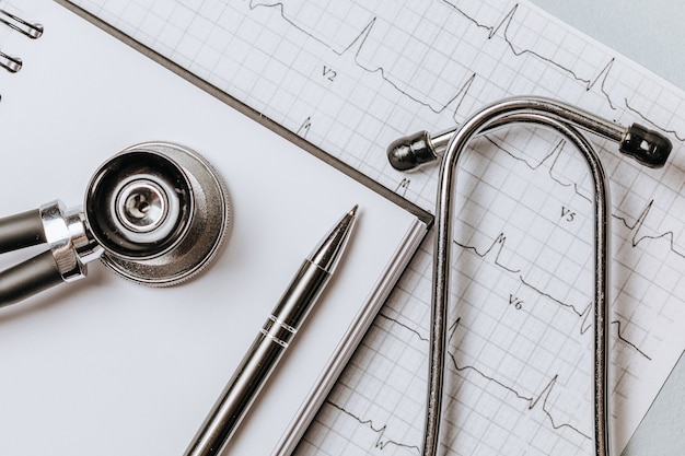 Concept médical à plat avec stéthoscope, cardiogramme et prescription médicale sur le bureau du médecin