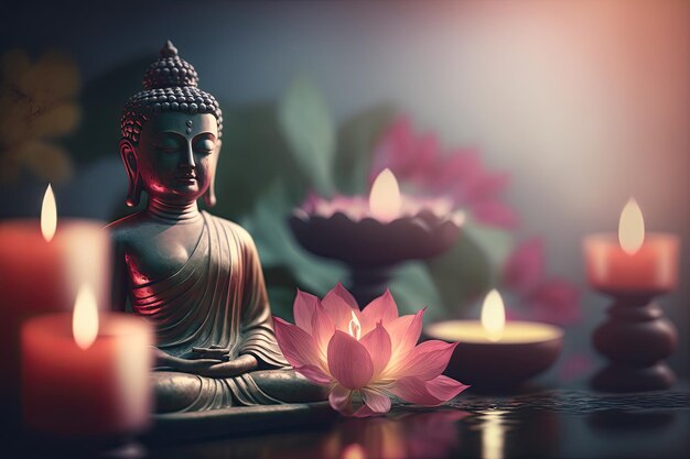 Photo concept de méditation de loisirs et de relaxation avec une figurine dorée de bouddha dans le spa généré par l'ia