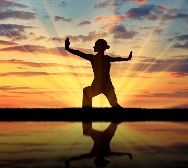 Photo concept de méditation et de relaxation. silhouette d'une fille pratiquant le yoga au coucher du soleil et reflet dans l'eau