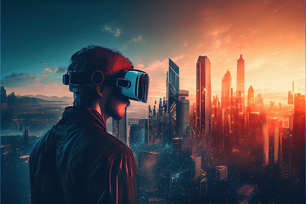 Concept de métaverse et casque de réalité virtuelle des éléments du monde virtuel