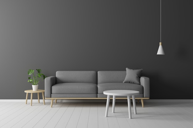 Concept minimal. intérieur de salon gris tissu tissu, table en bois, lampe de plafond et cadre sur plancher en bois et mur noir.